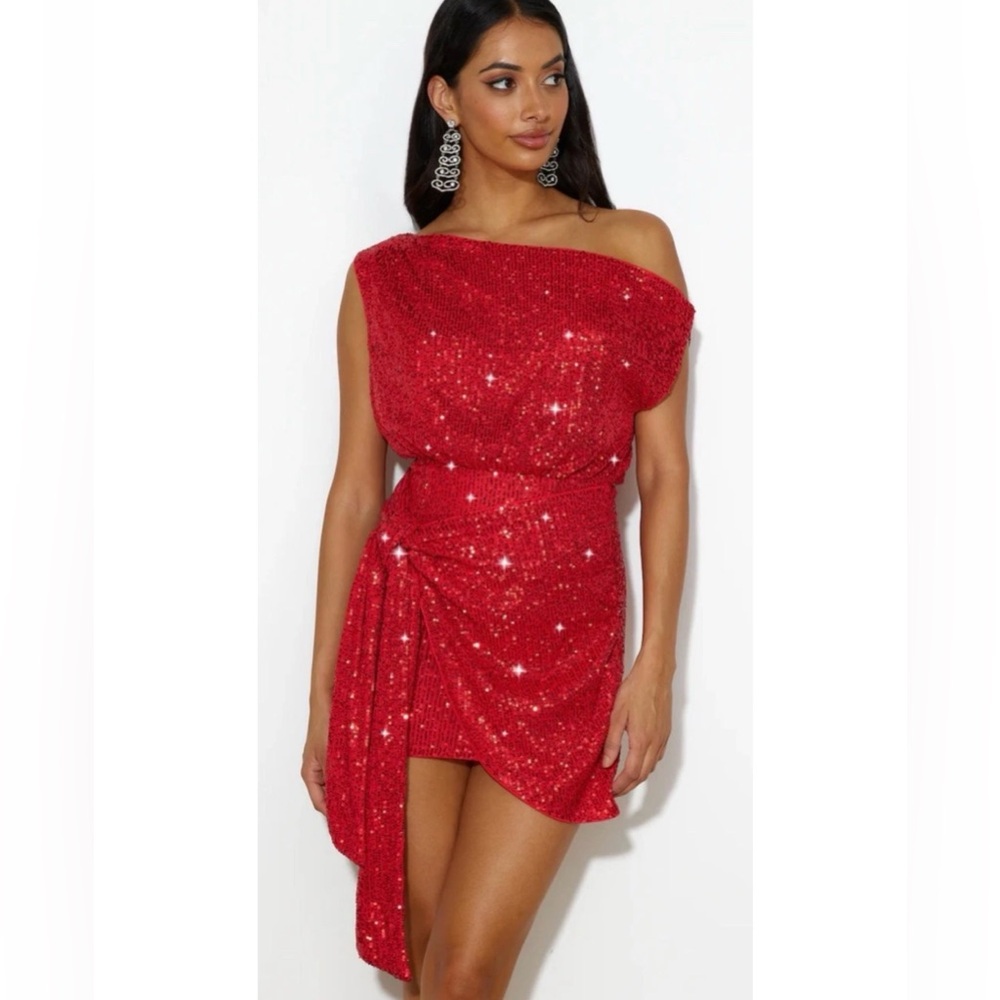 Hello Molly Glam Red Sequin Dress One Shoulder Mini Cocktail-Sz Medium